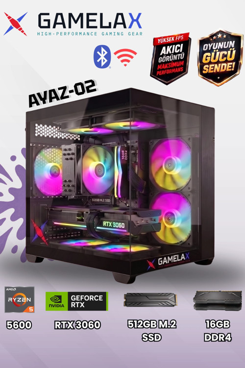 AYAZ-02 AMD Ryzen5 5600 RTX3060 12GB 16GB DDR4 Ram 512GB M.2 SSD Wi-Fi-Bluetooth Masaüstü Ga