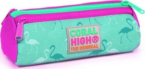 Coral Hıgh 22315 Su Yeşili Flamingo Desenli Üç Bölmeli Kalem Çant