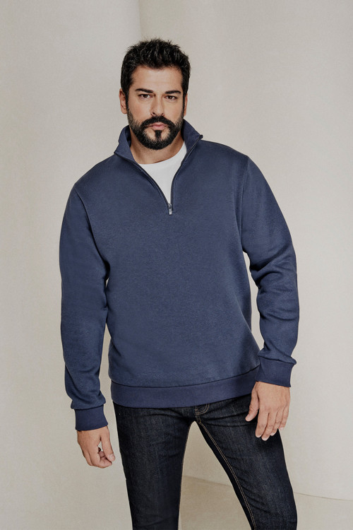 Erkek Lacivert Standart Fit Normal Kesim İçi Polarlı Bato Yaka Pamuklu Sweatshirt