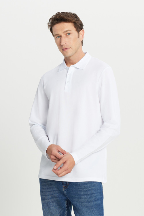 Erkek Beyaz %100 Pamuk Standart Fit Normal Kesim Polo Yaka Sweatshirt