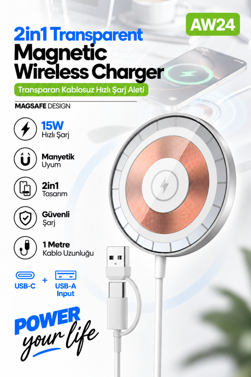 AW24 15W MagSafe Uyumlu Manyetik Kablosuz Hızlı Şarj Aleti, USB-C & USB-A Çift Girişli 1 Metre K