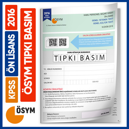 2016 KPSS Ön Lisans ÖSYM Tıpkı Basım Çıkmış Soru Deneme Kitapçığı (Video Çözümlü Türkiye Geneli)