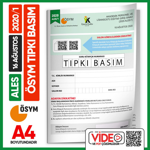 ALES 2020/1 ÖSYM Tıpkı Basım Çıkmış Soru Deneme Kitapçığı Video/PDF Çözümlü Türkiye Geneli