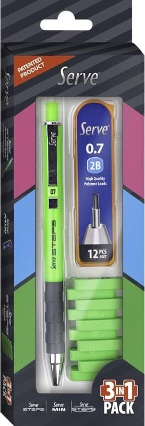 Steps Versatil Kalem 0.7 mm + Min + Silgi 3'lü Set Fosforlu Yeşil