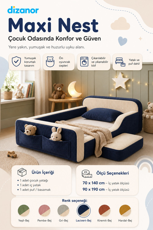 Dizanor Yeni Nesil Maxi Nest %100 Sünger ve Yıkanabilir Fermuarlı Kumaşa Sahip Bebek, Çocuk ve Genç Montessori Karyola Baza ve Başlık Yatağı Seti - 70 x 140 / Lacivert Fitilli