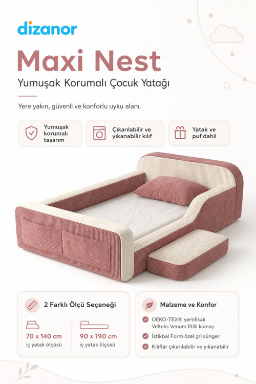 Dizanor Yeni Nesil Maxi Nest %100 Sünger ve Yıkanabilir Fermuarlı Kumaşa Sahip Bebek, Çocuk ve Genç Montessori Karyola Baza ve Başlık Yatağı Seti - 70 x 140 / Pembe Fitilli 6