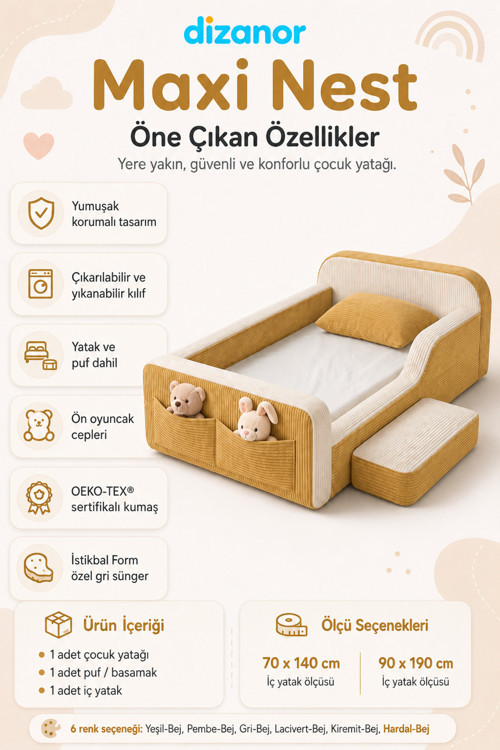 Dizanor Yeni Nesil Maxi Nest %100 Sünger ve Yıkanabilir Fermuarlı Kumaşa Sahip Bebek, Çocuk ve Genç Montessori Karyola Baza ve Başlık Yatağı Seti - 70 x 140 / Sarı Fitilli 3