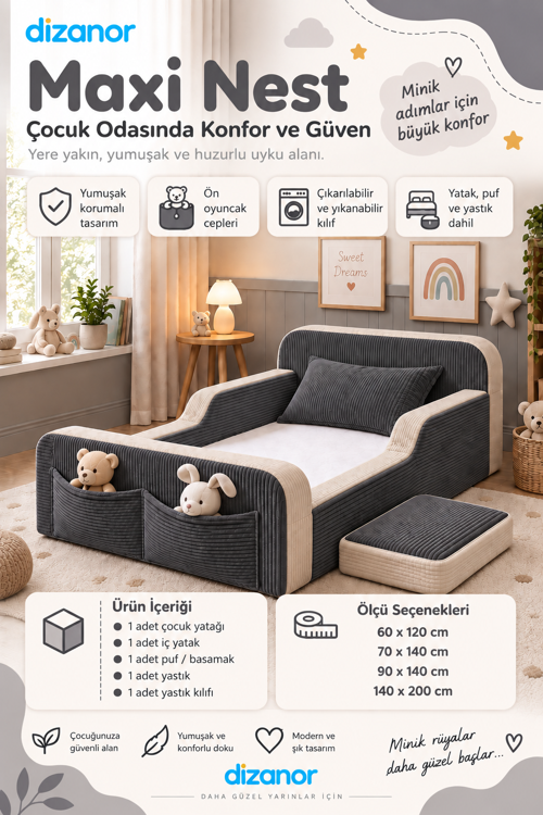 Dizanor Yeni Nesil Maxi Nest %100 Sünger ve Yıkanabilir Fermuarlı Kumaşa Sahip Bebek, Çocuk ve Genç Montessori Karyola Baza ve Başlık Yatağı Seti - 60 x 120 / Antrasit Fitilli