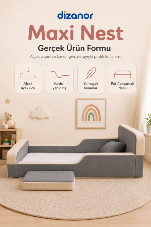 Dizanor Yeni Nesil Maxi Nest %100 Sünger ve Yıkanabilir Fermuarlı Kumaşa Sahip Bebek, Çocuk ve Genç Montessori Karyola Baza ve Başlık Yatağı Seti - 70 x 140 / Siyah 2