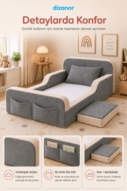Dizanor Yeni Nesil Maxi Nest %100 Sünger ve Yıkanabilir Fermuarlı Kumaşa Sahip Bebek, Çocuk ve Genç Montessori Karyola Baza ve Başlık Yatağı Seti - 70 x 140 / Siyah 6