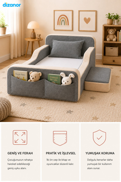 Dizanor Yeni Nesil Maxi Nest %100 Sünger ve Yıkanabilir Fermuarlı Kumaşa Sahip Bebek, Çocuk ve Genç Montessori Karyola Baza ve Başlık Yatağı Seti - 70 x 140 / Siyah 8