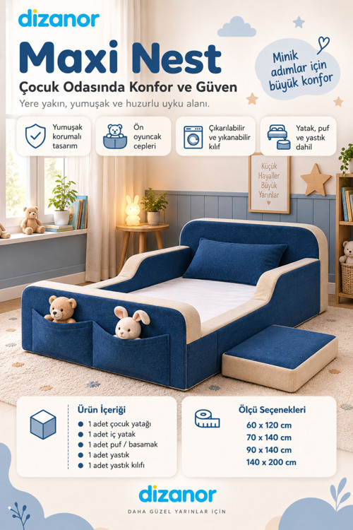 Dizanor Yeni Nesil Maxi Nest %100 Sünger ve Yıkanabilir Fermuarlı Kumaşa Sahip Bebek, Çocuk ve Genç Montessori Karyola Baza ve Başlık Yatağı Seti - 60 x 120 / Lacivert - Bej