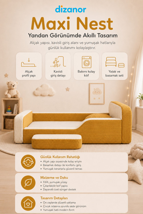 Dizanor Yeni Nesil Maxi Nest %100 Sünger ve Yıkanabilir Fermuarlı Kumaşa Sahip Bebek, Çocuk ve Genç Montessori Karyola Baza ve Başlık Yatağı Seti - 60 x 120 / Sarı Fitilli