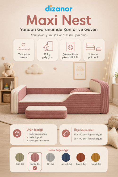 Dizanor Yeni Nesil Maxi Nest %100 Sünger ve Yıkanabilir Fermuarlı Kumaşa Sahip Bebek, Çocuk ve Genç Montessori Karyola Baza ve Başlık Yatağı Seti - 90 x 190 / Pembe Fitilli 2