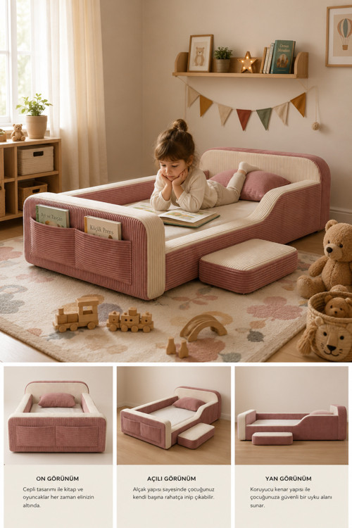 Dizanor Yeni Nesil Maxi Nest %100 Sünger ve Yıkanabilir Fermuarlı Kumaşa Sahip Bebek, Çocuk ve Genç Montessori Karyola Baza ve Başlık Yatağı Seti - 90 x 190 / Pembe Fitilli 4
