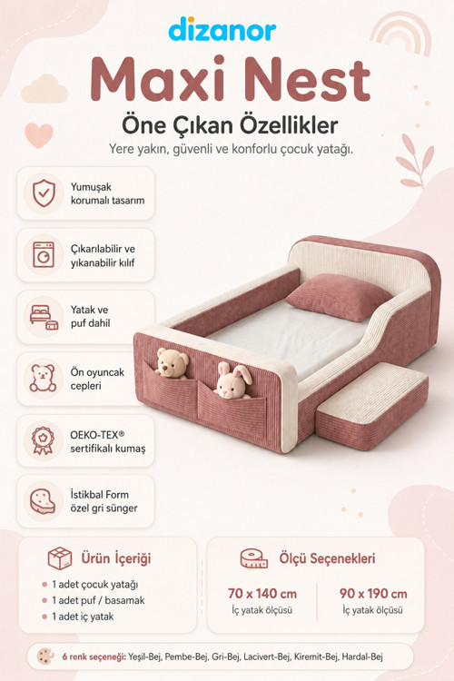 Dizanor Yeni Nesil Maxi Nest %100 Sünger ve Yıkanabilir Fermuarlı Kumaşa Sahip Bebek, Çocuk ve Genç Montessori Karyola Baza ve Başlık Yatağı Seti - 90 x 190 / Pembe Fitilli 5