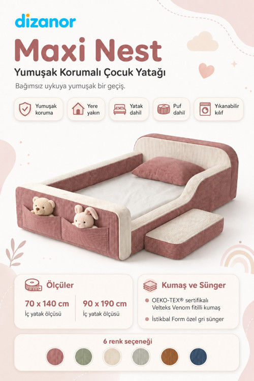 Dizanor Yeni Nesil Maxi Nest %100 Sünger ve Yıkanabilir Fermuarlı Kumaşa Sahip Bebek, Çocuk ve Genç Montessori Karyola Baza ve Başlık Yatağı Seti - 90 x 190 / Pembe Fitilli 6