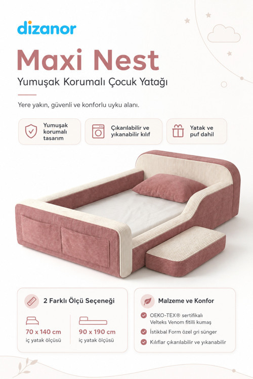Dizanor Yeni Nesil Maxi Nest %100 Sünger ve Yıkanabilir Fermuarlı Kumaşa Sahip Bebek, Çocuk ve Genç Montessori Karyola Baza ve Başlık Yatağı Seti - 90 x 190 / Pembe Fitilli 7