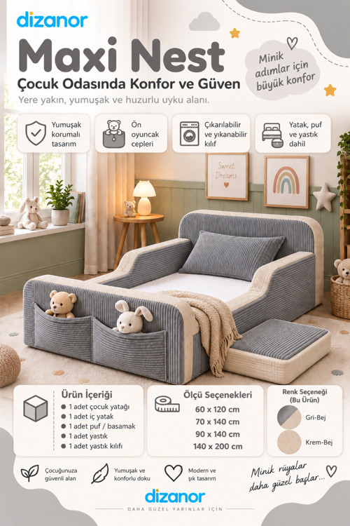 Dizanor Yeni Nesil Maxi Nest %100 Sünger ve Yıkanabilir Fermuarlı Kumaşa Sahip Bebek, Çocuk ve Genç Montessori Karyola Baza ve Başlık Yatağı Seti - 70 x 140 / Gri Fitilli
