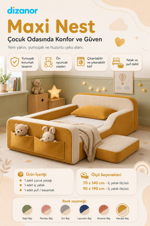 Dizanor Yeni Nesil Maxi Nest %100 Sünger ve Yıkanabilir Fermuarlı Kumaşa Sahip Bebek, Çocuk ve Genç Montessori Karyola Baza ve Başlık Yatağı Seti - 90 x 190 / Sarı Fitilli 2