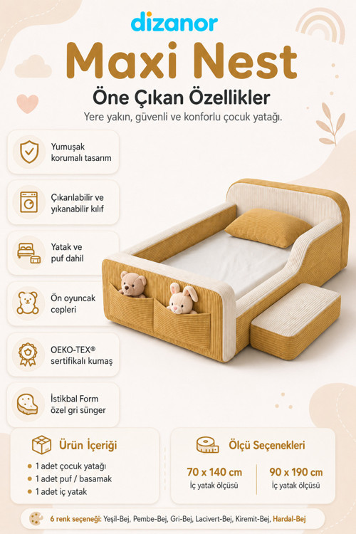 Dizanor Yeni Nesil Maxi Nest %100 Sünger ve Yıkanabilir Fermuarlı Kumaşa Sahip Bebek, Çocuk ve Genç Montessori Karyola Baza ve Başlık Yatağı Seti - 90 x 190 / Sarı Fitilli 3