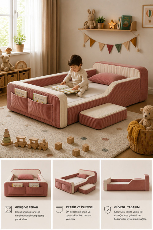 Dizanor Yeni Nesil Maxi Nest %100 Sünger ve Yıkanabilir Fermuarlı Kumaşa Sahip Bebek, Çocuk ve Genç Montessori Karyola Baza ve Başlık Yatağı Seti - 90 x 190 / Sarı Fitilli 4