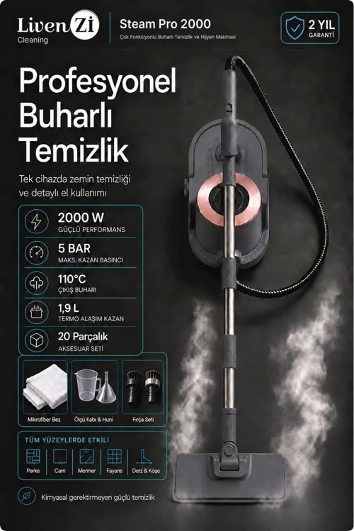 Steam Pro 2000 Çok Fonksiyonlu Buharlı Temizlik & Hijyen Makinesi Gri