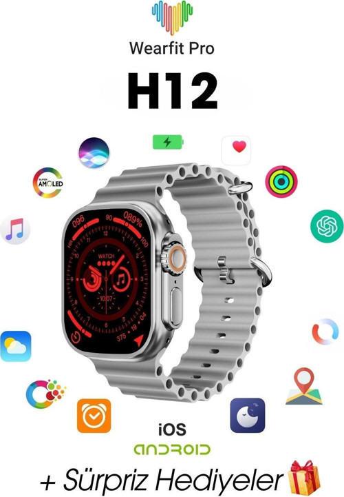 H12 Akıllı Kol Saati Smart Watch Model:İnç 45 Mm Miniled Ekran (Gri)