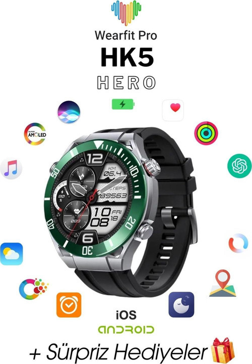 Hk5 Hero Akıllı Kol Saati Yuvarlak Model 1.43İnç 37 Mm Amoled Ekran (Gri Yeşil)