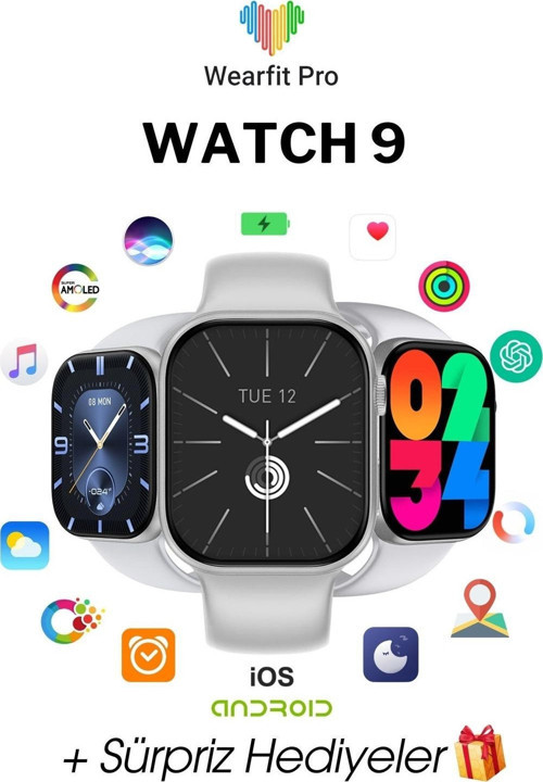 Watch 9 Akıllı Kol Saati Smart Watch Model:İnç 45 mm Amoled Ekran (Siyah)
