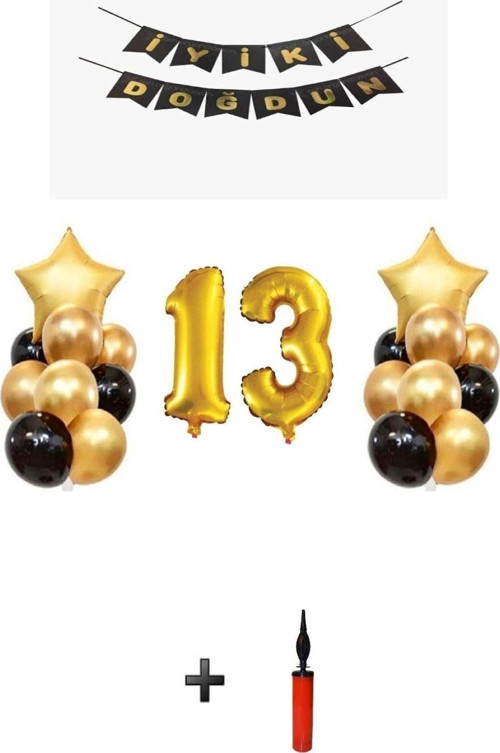 13 Yaş Altın Gold Folyo Balon Parti Seti Ve Balon Pompası Skradaparti148