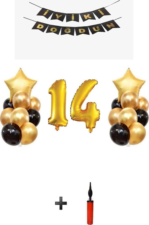 14 Yaş - Altın Gold Folyo Balon Parti Seti + Balon Pompası Hediye!!-- Skradaparti150