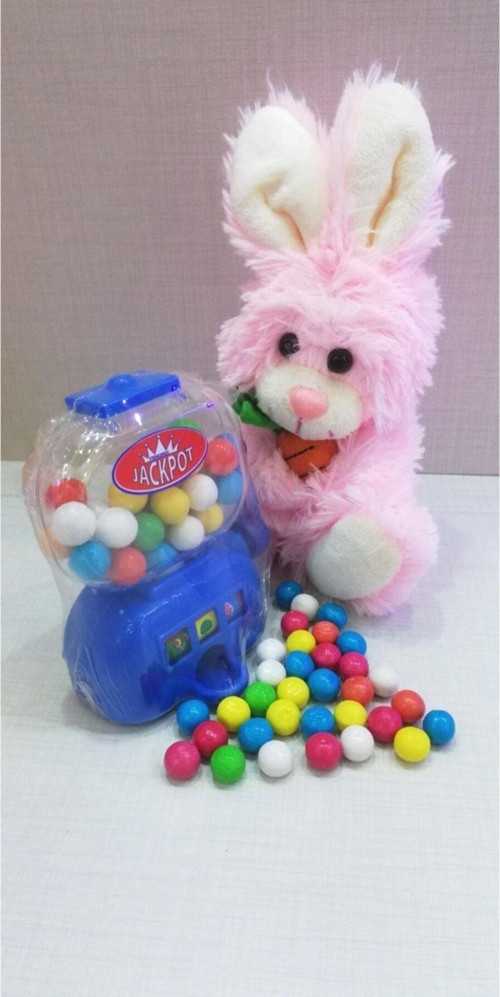 2 Si 1 Arada / Sevimli Arkadaşım Havuç Seven Tavşan 15 Cm Ve Mavi Jackpot Sakız Makinesi