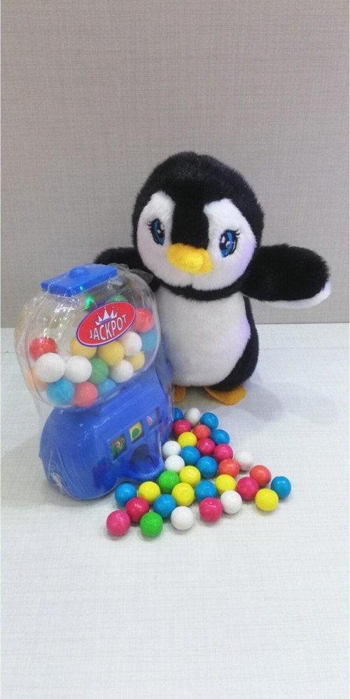 2 Si 1 Arada / Sevimli Arkadaşım Penguen 15 Cm Ve Mavi Jackpot Sakız Makinesi