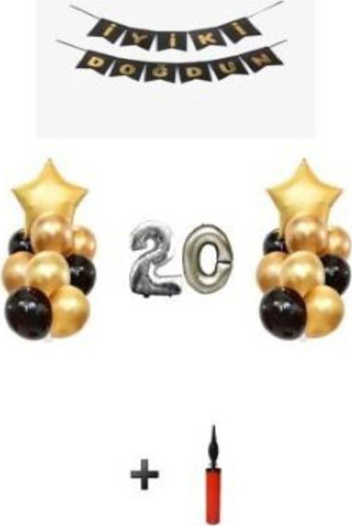 20 Yaş Gümüş Folyo Balon Parti Seti Balon Pompası