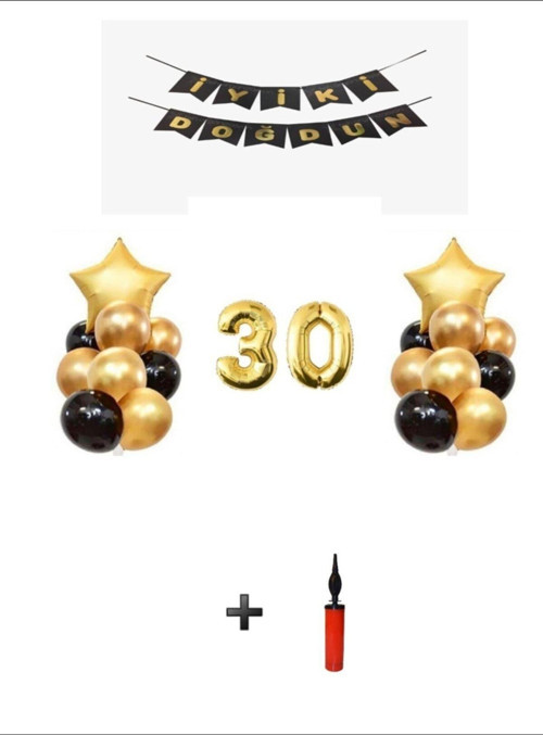 30 Yaş - Altın Gold Folyo Balon Parti Seti + Balon Pompası Hediye!!-- Skradaparti164