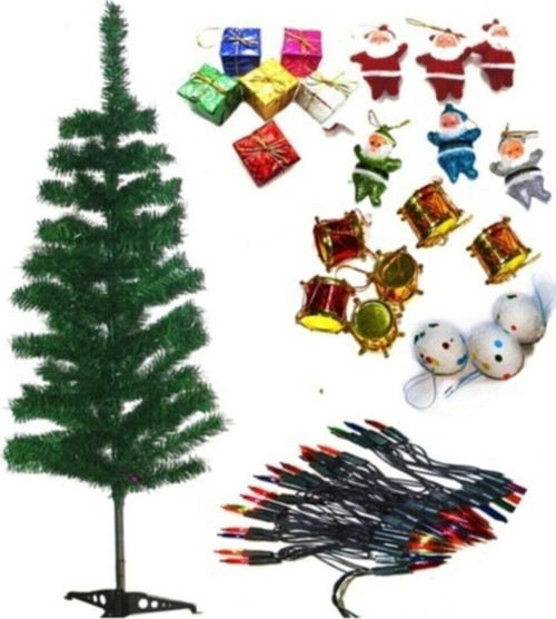 Çam Ağacı 120 Cm +led Işık+ 3 Adet Noel Baba + 3 Adet Hediye Paket + 3 Adet Trampet + Kar Tanesi Top