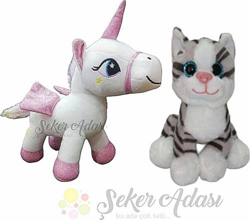 Küçük Peluş Kedi 15 Cm ve Unicorn Pony At 20 Cm İkili Peluş Oyuncak