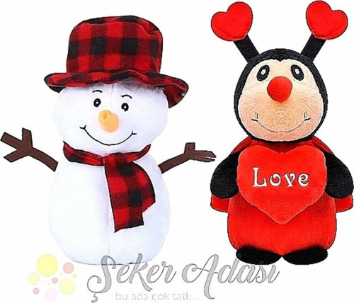 Peluş Kardan Adam 25 Cm ve Love Kalpli Uğurböceği 28 Cm Yılbaşı Kış Dekoratif Hediye Süsleme
