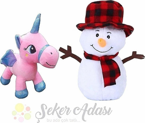 Peluş Kardan Adam 25 Cm ve Pony Unicorn At 18 Cm Yılbaşı Kış Dekoratif Hediye Süsleme
