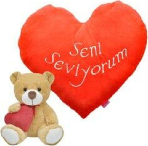 Selay Sevgiliye Hediye Seni Seviyorum Kalp Yastık ve Kalpli Peluş Ayı