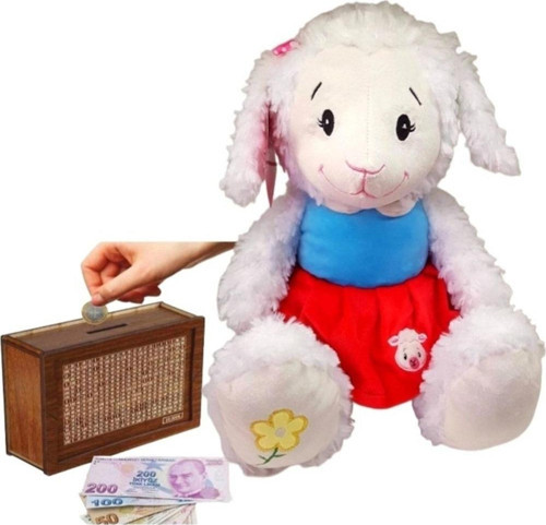 Sevimli Elbiseli Kuzu 40 Cm Peluş Ve Ahşap 10.000 Hedefli Kumbara Para Biriktirme Kutusu