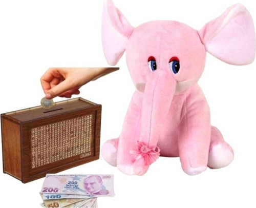 Sevimli Fil 20 Cm Peluş Oyuncak Ve Ahşap 10.000 Hedefli Kumbara Para Biriktirme Kutusu