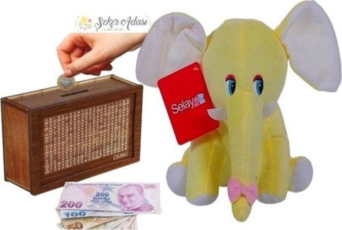 Sevimli Fil 20 Cm Peluş Ve Ahşap 10.000 Hedefli Kumbara Para Biriktirme Kutusu
