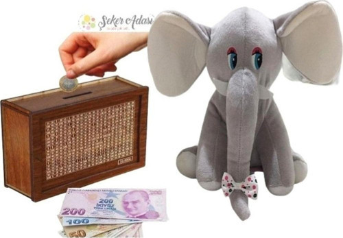 Sevimli Fil 20 Cm Peluş Ve Ahşap 10.000 Hedefli Kumbara Para Biriktirme Kutusu