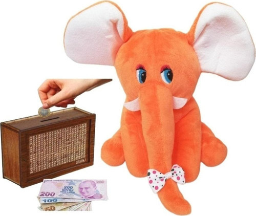 Sevimli Fil 20 Cm Peluş Ve Ahşap 10.000 Hedefli Kumbara Para Biriktirme Kutusu