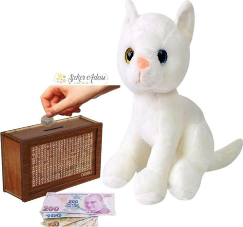 Sevimli Kedi 25 Cm Peluş Oyuncak Ve Ahşap Hedefli Kumbara Para Biriktirme Kutusu