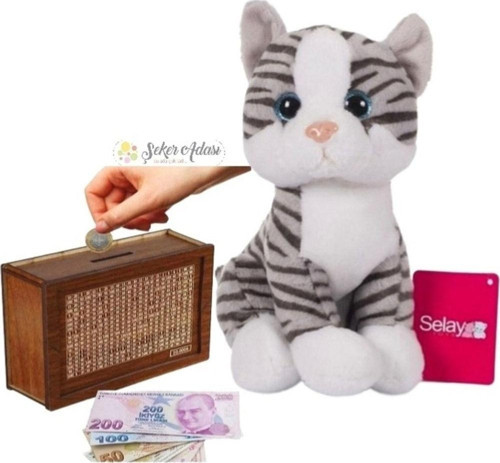 Sevimli Kedi 25 Cm Peluş Oyuncak Ve Ahşap Hedefli Kumbara Para Biriktirme Kutusu