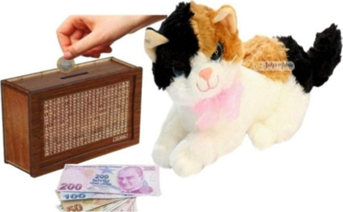 Sevimli Miyavlayan Sesli Kedi 28 Cm Peluş Ve Ahşap 10.000 Hedefli Kumbara Para Biriktirme Kutusu