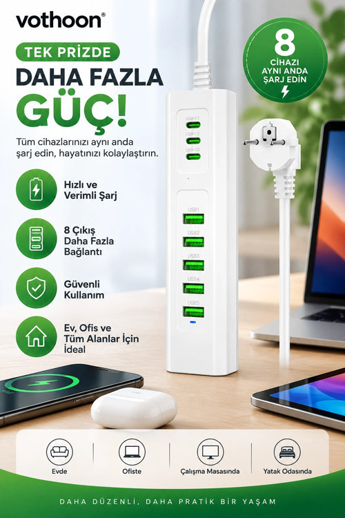 Vothoon 8 Portlu Çoklu USB Şarj İstasyonu 5 USB + 3 Type-C Masaüstü Çoklu Şarj Cihazı